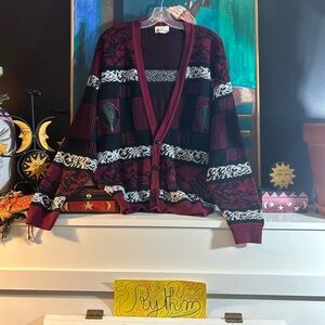 Tanto Pelo Vtg 80s Burgundy and Black Cardigan Sweater Large